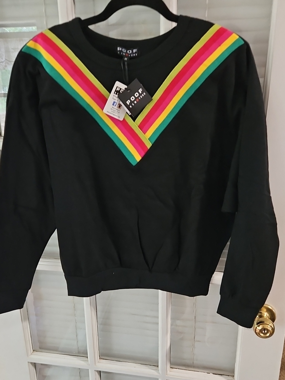 NWT POOF New York Black Sweatshirt with Rainbow V Chevron. Sz Small